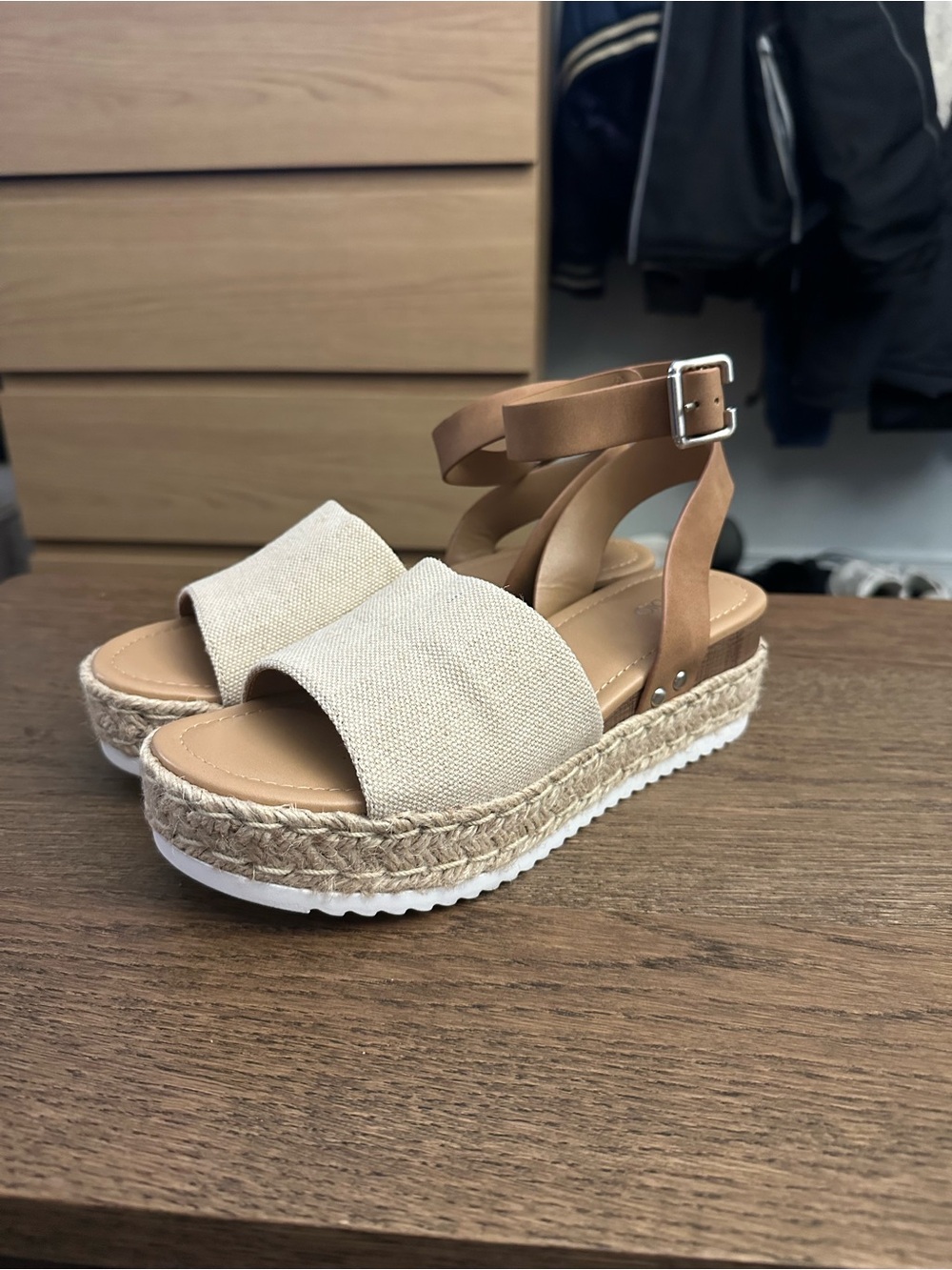 Womens Beige Espadrille Platform Sandals with Ankle Strap